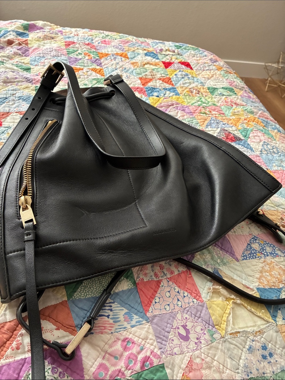 AllSaints Black Leather Drawstring Shoulder Bag with Gold Hardware